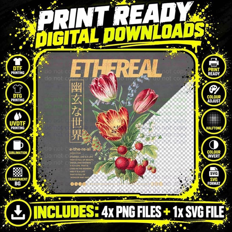 Ethereal Japanese Characters Flowers Berries Vintage Png SVG Digital Bundle