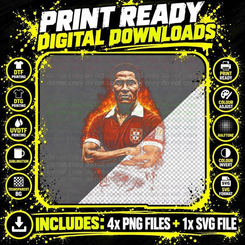 Eusebio Arms Crossed Pose Vintage Portugal Red Kit Fire Png SVG Digital Bundle