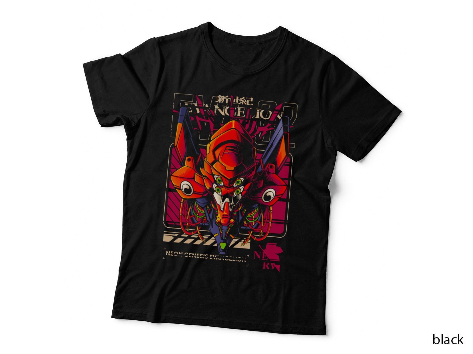 Eva Red Pink Mecha Robot Head Turquoise Geometric Retro Design T-Shirt