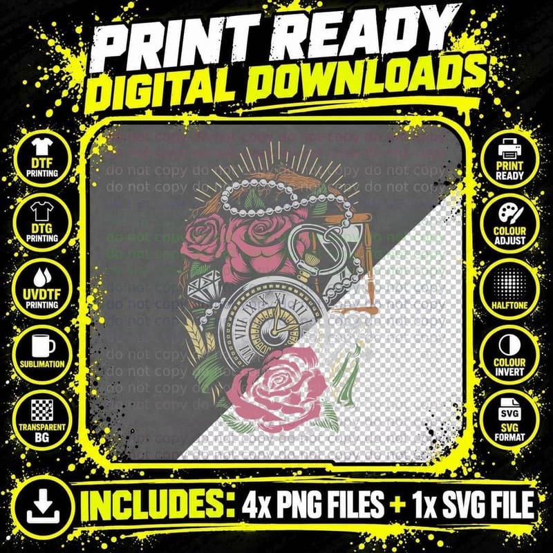 Eye Rose Clock with Pink Roses Dial Ornate Vintage Png SVG Digital Bundle