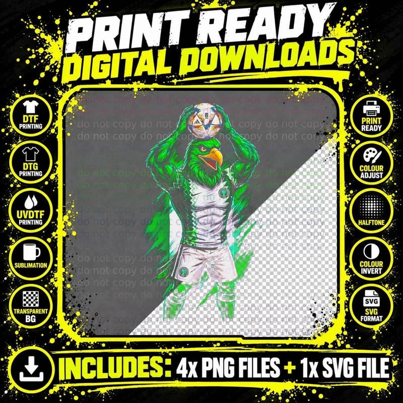 Falcon Footballer Mascot Distressed Splatter Green White Png SVG Digital Bundle