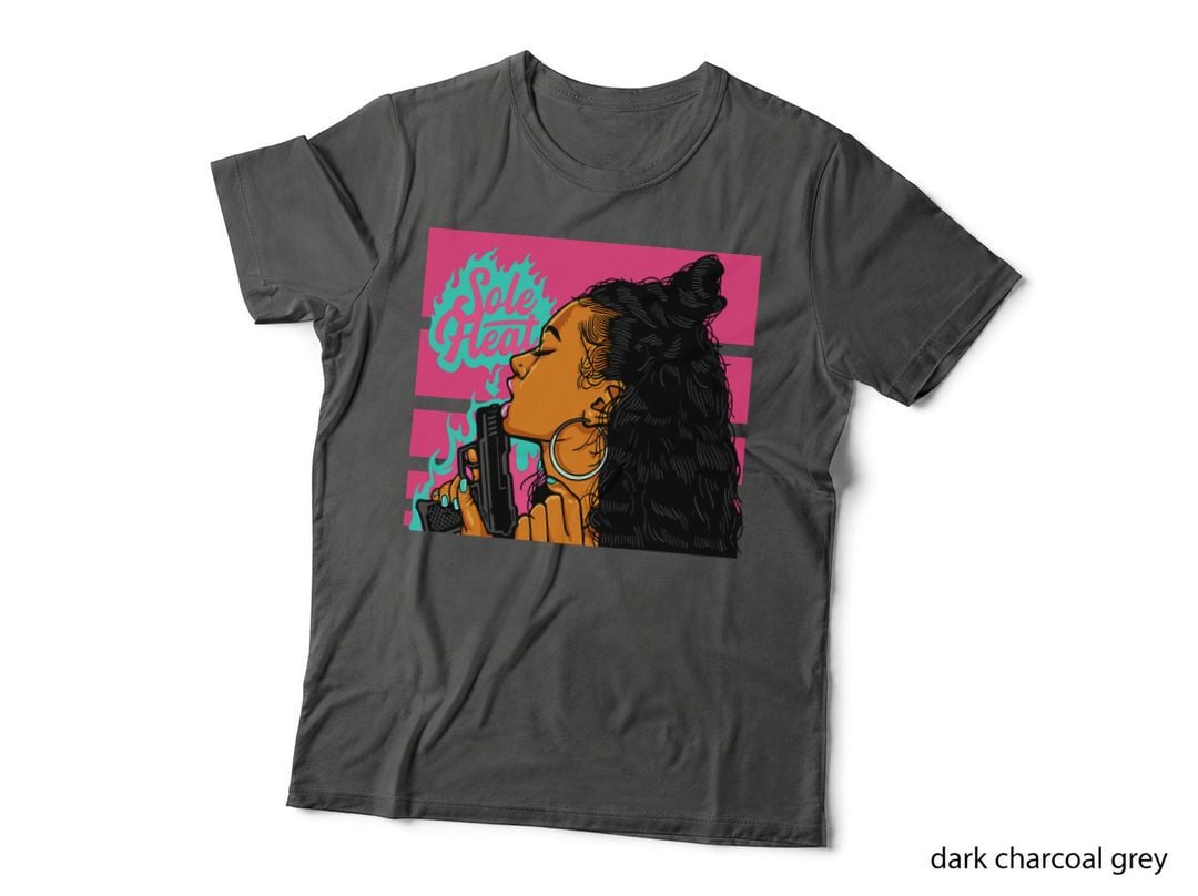 Female Gun Pose Sole Gleat Woman Orange Streetwear Retro T-Shirt