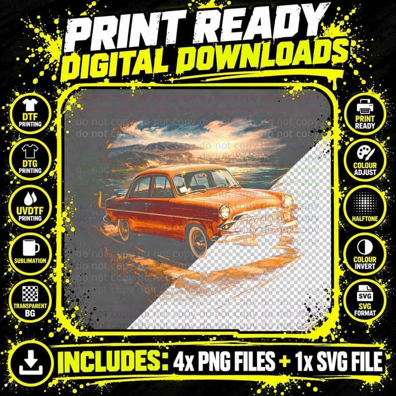 Fifties Chrome Sedan T-Shirt, Halftone Classic Car Png SVG Digital Bundle