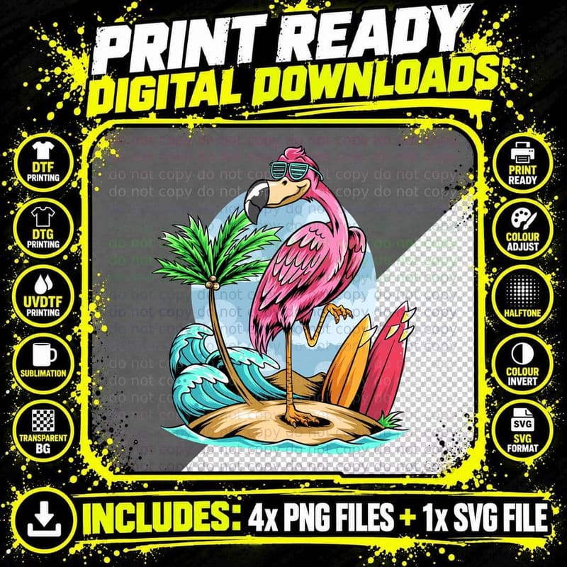 Flamingo Beach Pink Sunglasses Palm Tree Tropical Retro Png SVG Digital Bundle