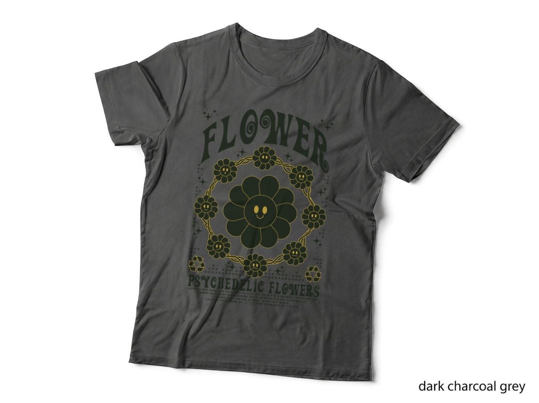 Flower Psychedelic Flowers Dark Green Olive Groovy Design T-Shirt