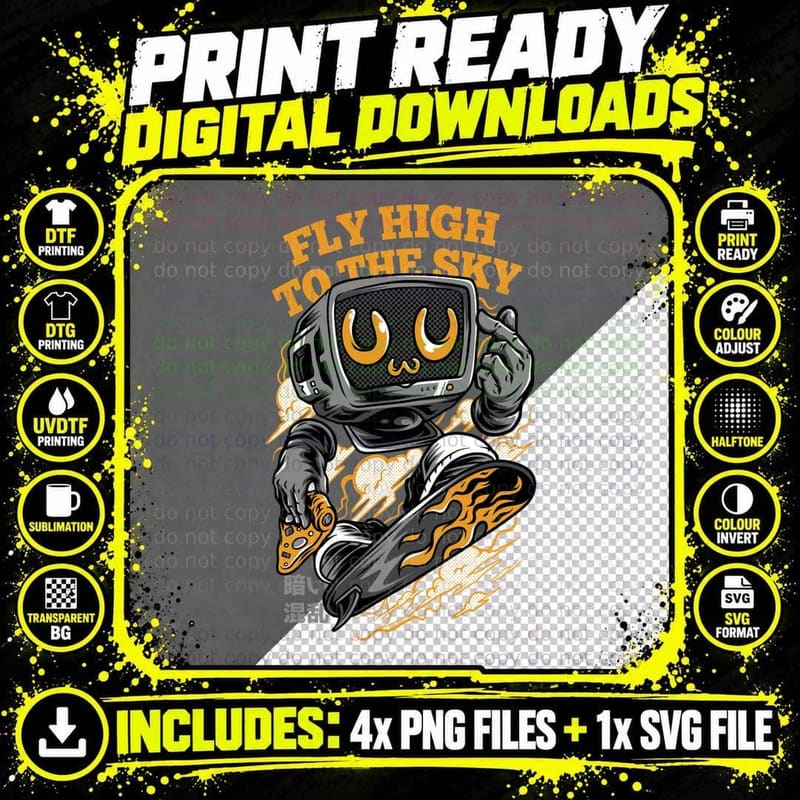 Fly High TV Robot to the Sky Head Yellow Orange Retro 02 Png SVG Digital Bundle