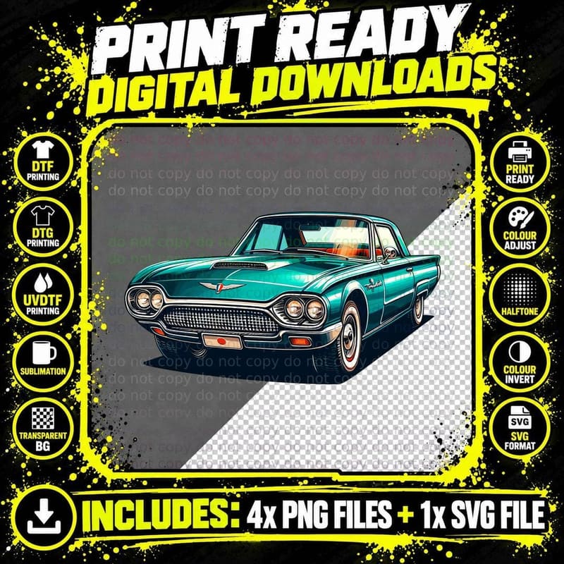 Ford Thunderbird Turquoise White Vintage Convertible Png SVG Digital Bundle