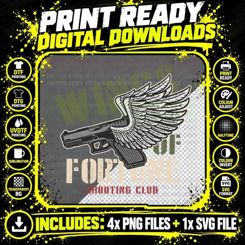 Fortune Shooting Club Wings Winged Pistol Gun Vintage Png SVG Digital Bundle