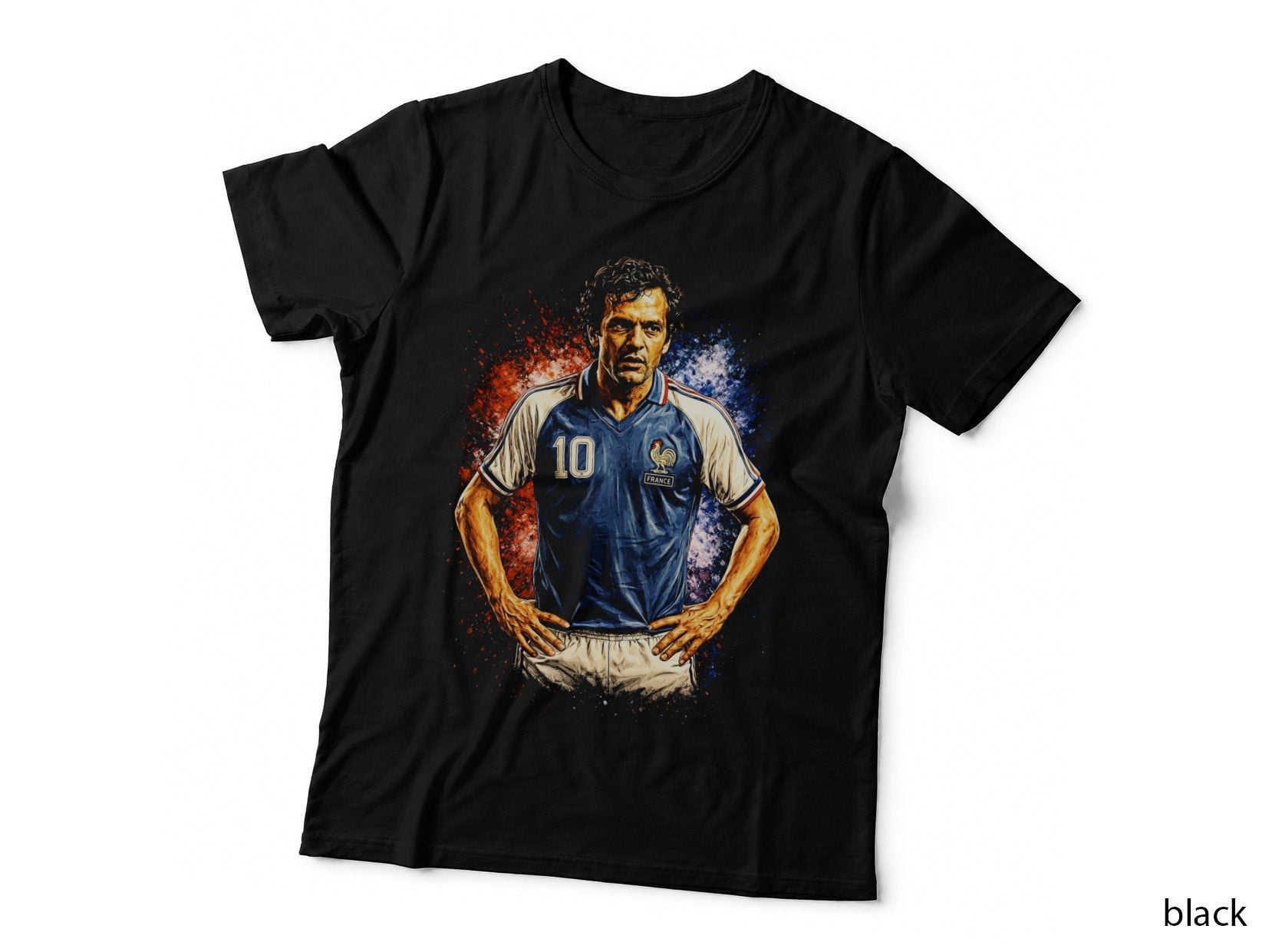 France Footballer Number 10 Retro Kit Hands on Hips Head Down Blue White T-Shirt