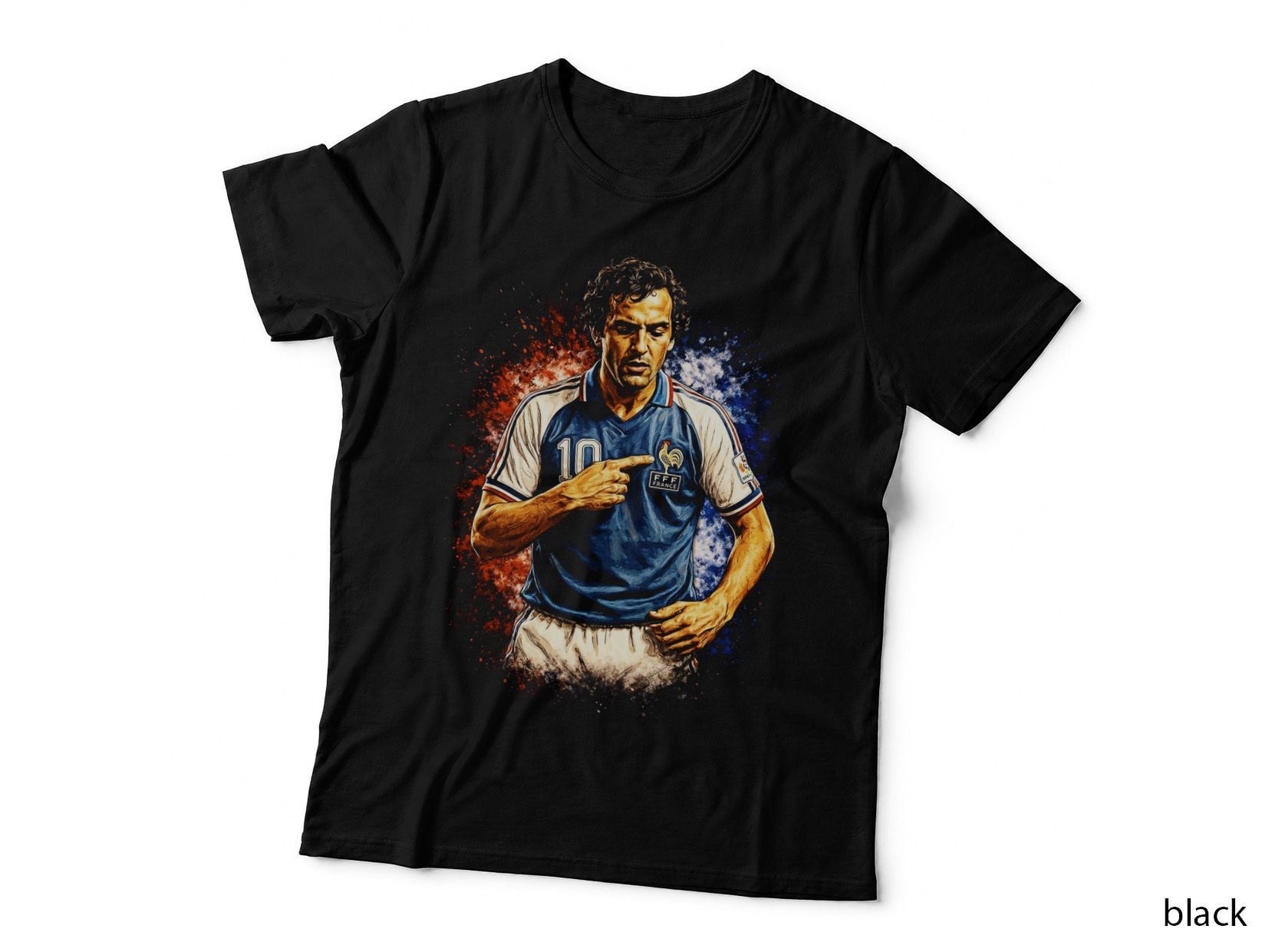 France Footballer Number 10 Retro Kit Pointing at Crest Blue White T-Shirt