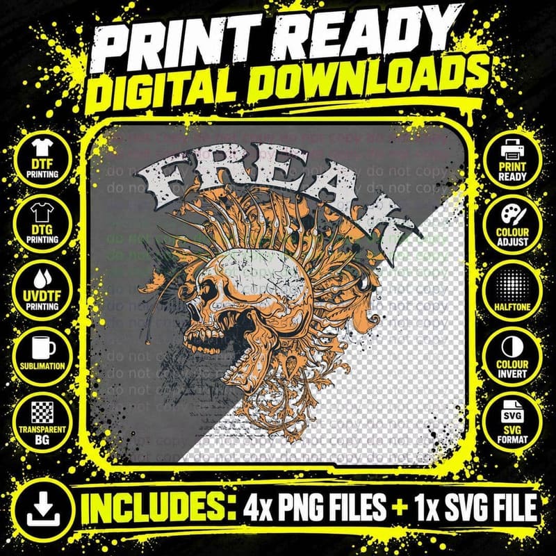 Freak Skull Ornate Distressed Orange Graffiti T-Shirt Png SVG Digital Bundle