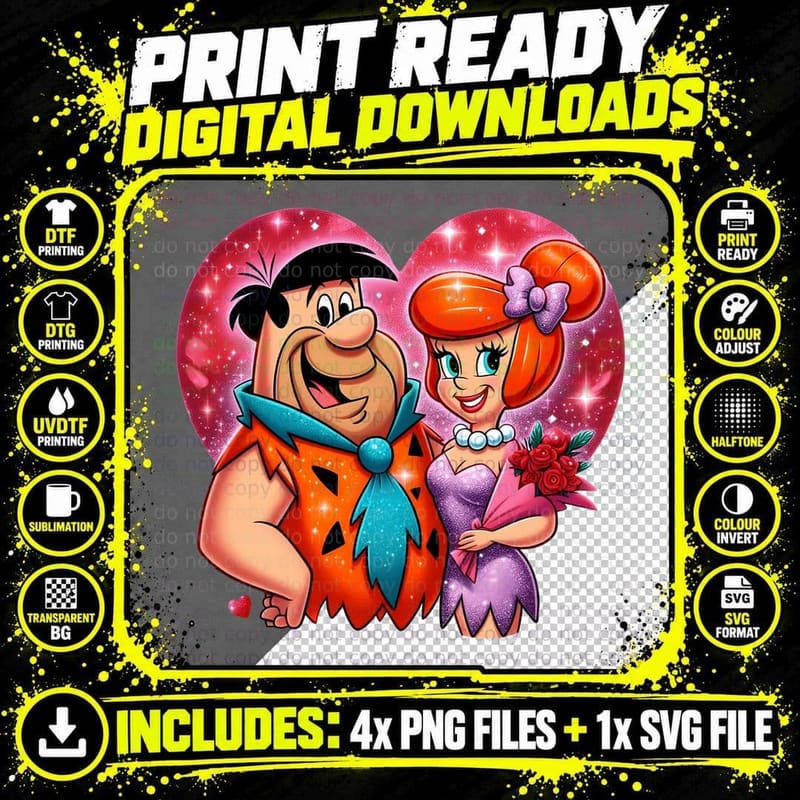 Fred and Betty Flintstone Retro Cartoon Couple Vintage Png SVG Digital Bundle