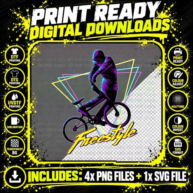 Freestyle Bike Cyclist Purple Neon Geometric Retro Png SVG Digital Bundle