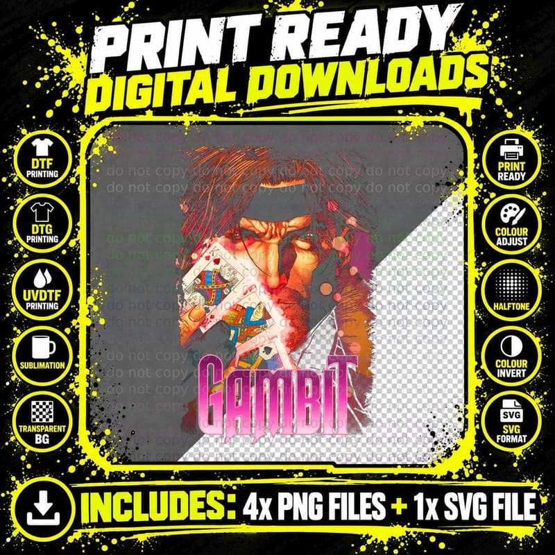 Gambit Character Cards Pink Halftone Retro T-Shirt Png SVG Digital Bundle