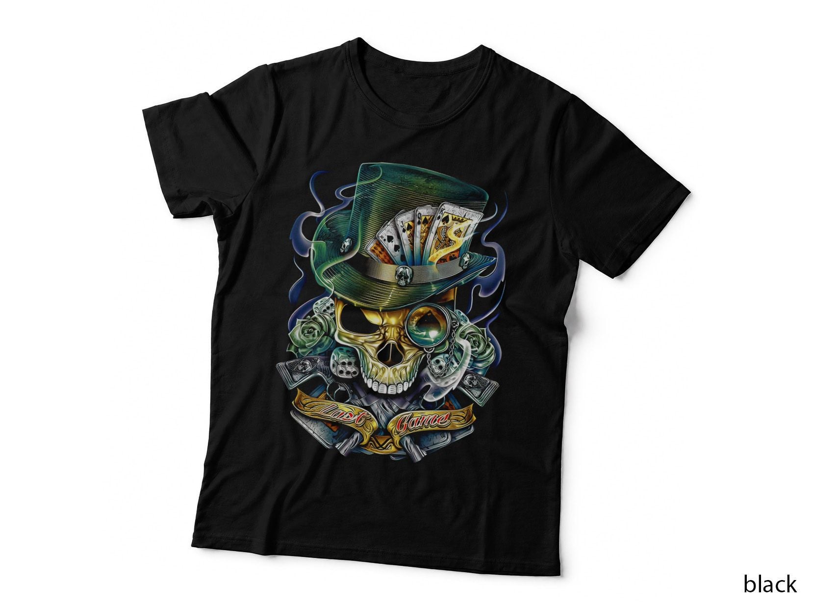 Gambling Skull Gamble with Playing Cards Dice and Coins Retro Neon T-Shirt