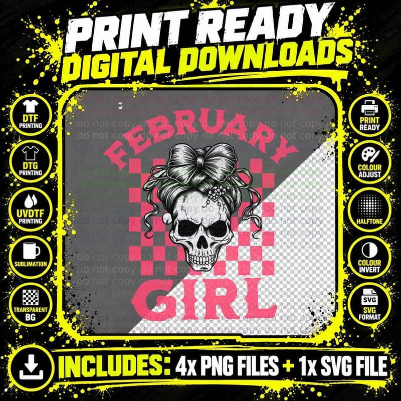 Girl Skull February with Bow and Roses Pink Text Png SVG Digital Bundle