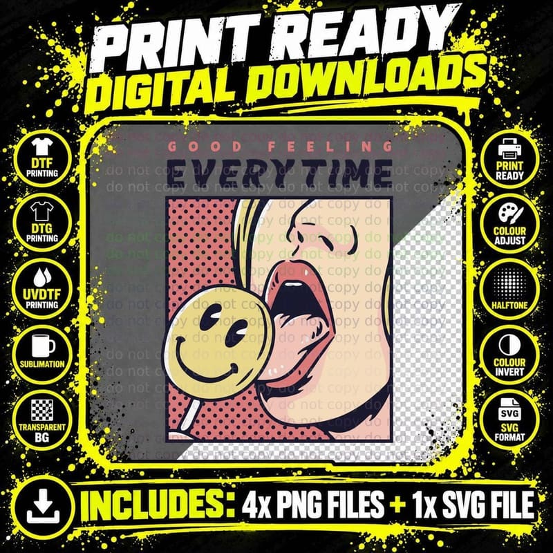 Good Feeling Everytime Pop Art Smiley Face Lips Halftone Png SVG Digital Bundle