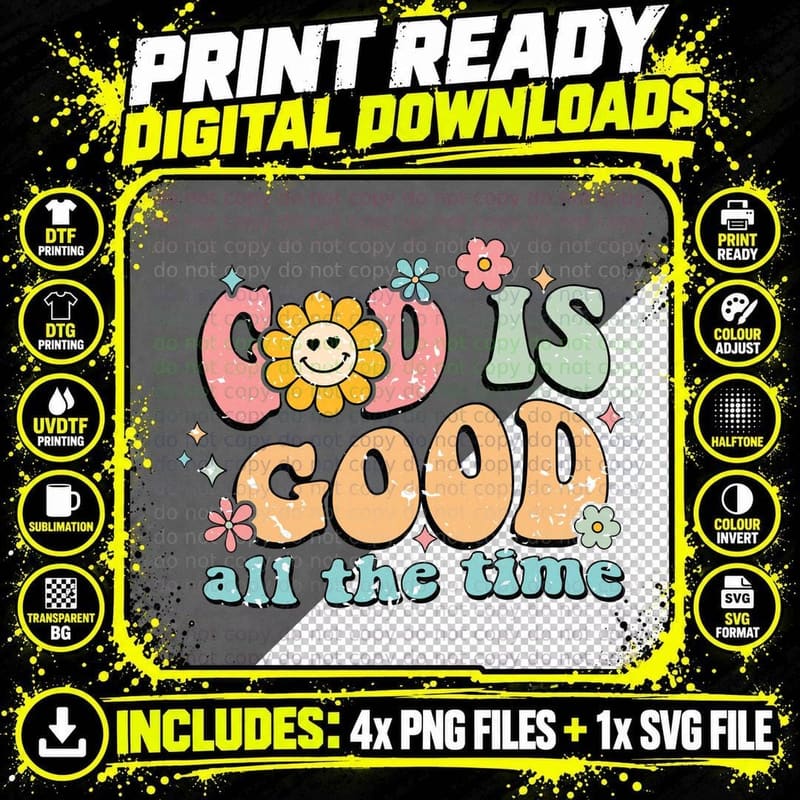 Good Is All the Time Smiley Flower Pastel Colors Retro Png SVG Digital Bundle
