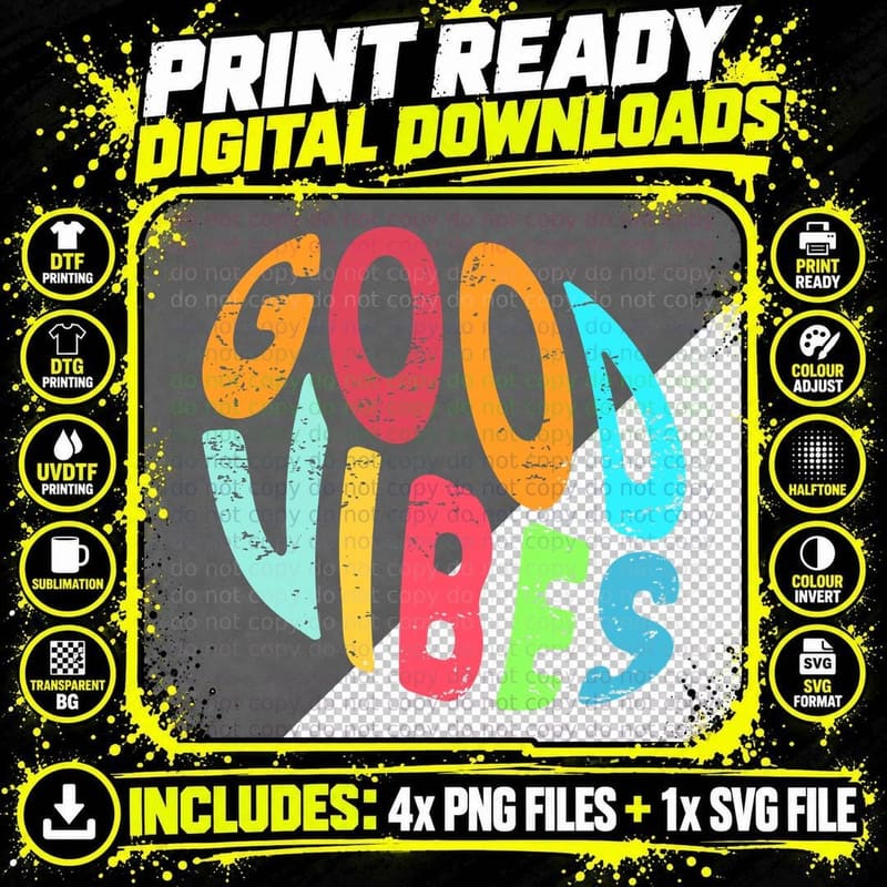 Good Vibes Colorful Text Rainbow Y2k Retro Trendy T-Shirt Png SVG Digital Bundle