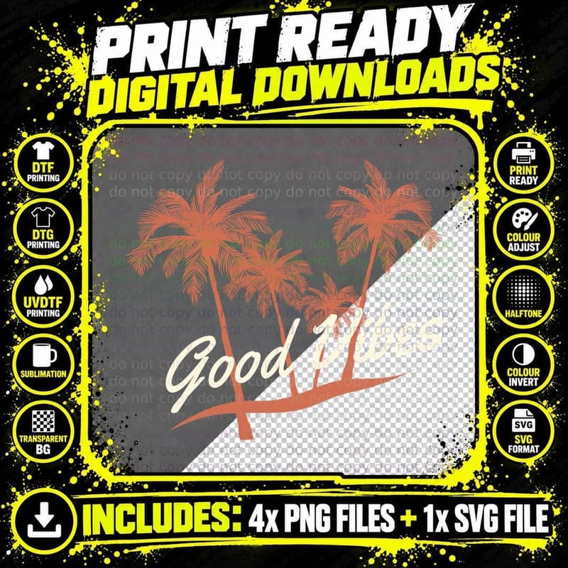 Good Vibes Palm Trees Script Retro Pink Coral T-Shirt Png SVG Digital Bundle