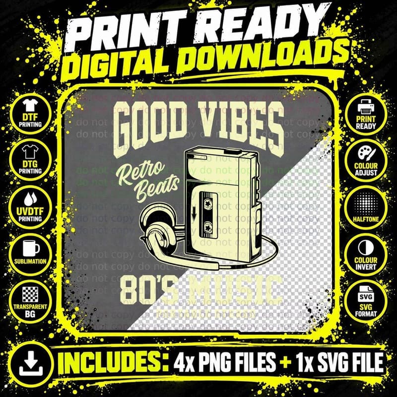 Good Vibes Retro Beats 80's Music Portable Stereo Png SVG Digital Bundle