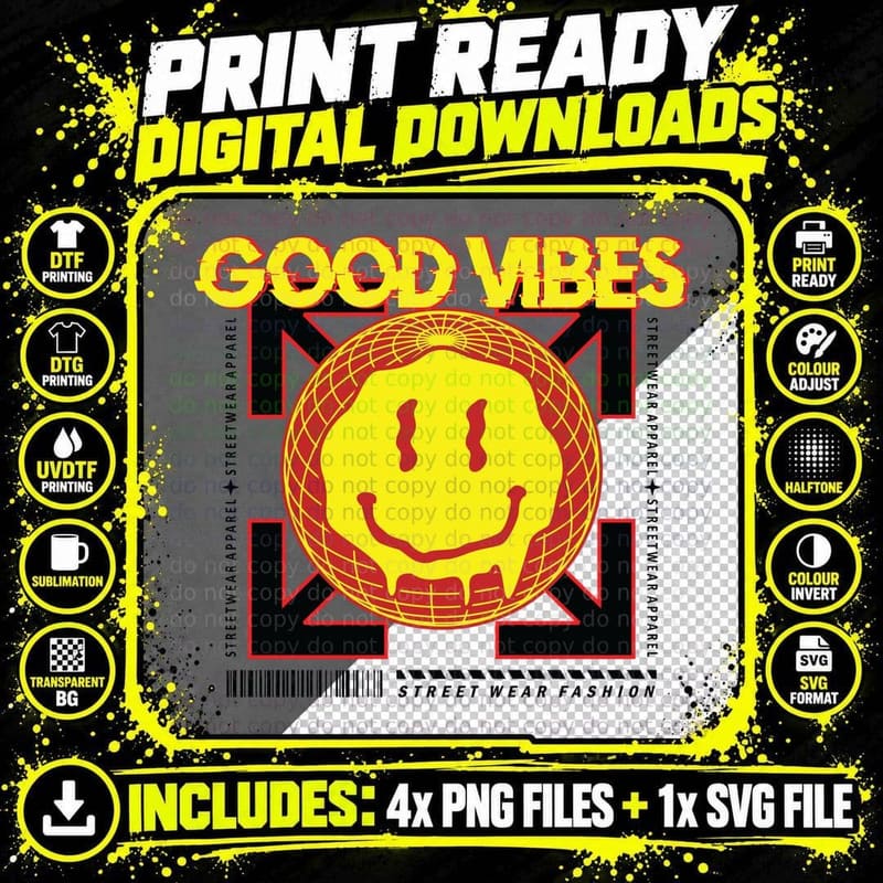 Good Vibes Smiley Cosmic Retro Y2k Yellow T-Shirt Png SVG Digital Bundle