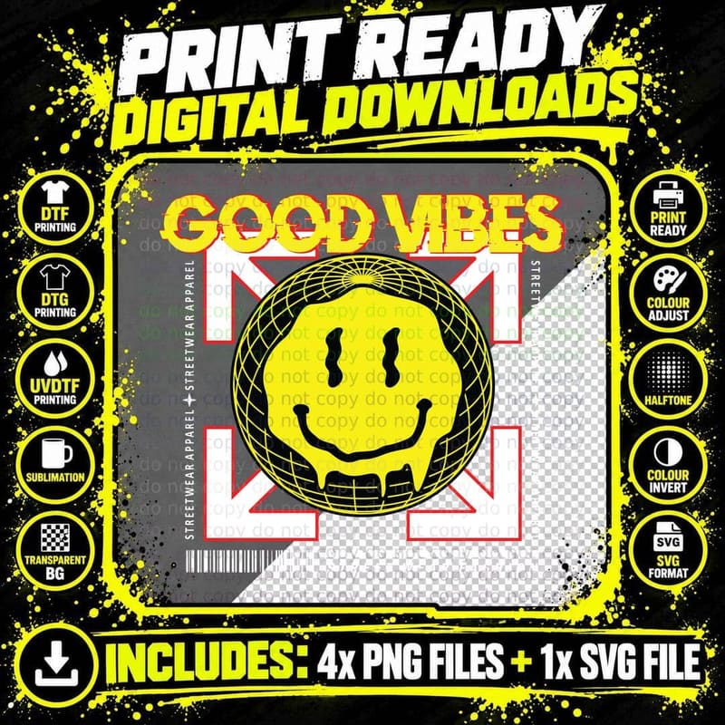 Good Vibes Smiley Retro Y2k Cosmic Yellow T-Shirt Png SVG Digital Bundle