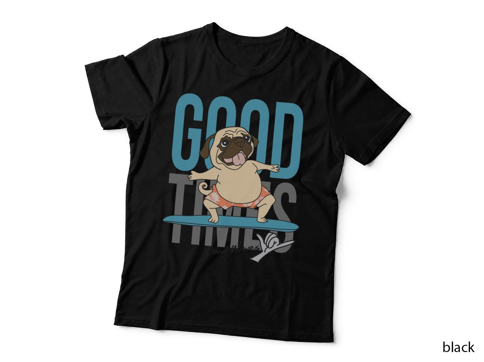 Good Waves Pug Surfing Blue Wave Casual Retro Cute T-Shirt