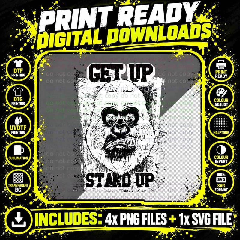 Gorilla Ape Get up Stand Head Distressed Motivational Png SVG Digital Bundle