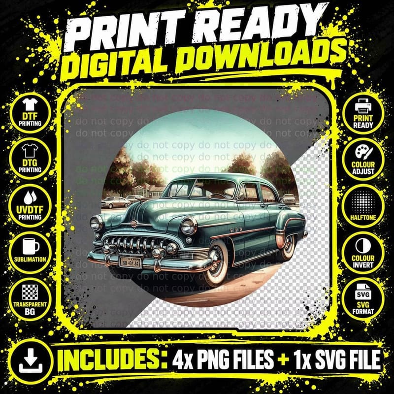 Green 1950s Car Desert Sedan on Plain Clear Landscape Png SVG Digital Bundle