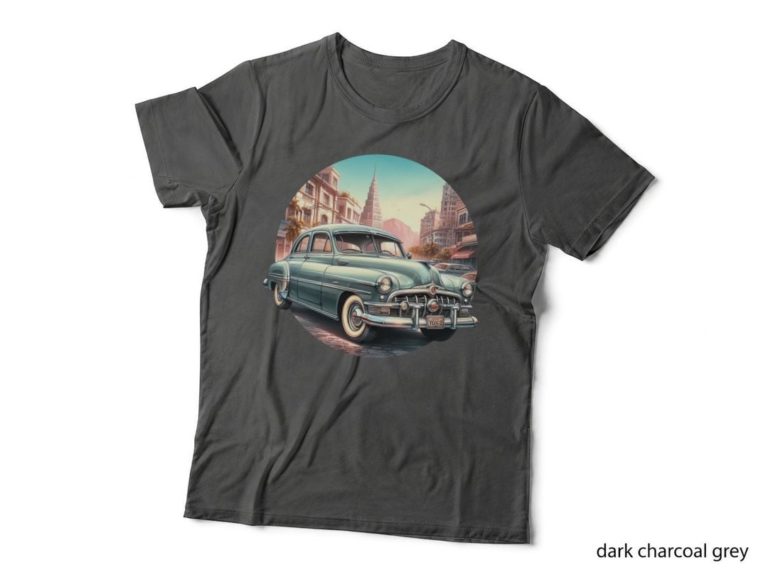 Green Car City Street 1950s in Urban Downtown Architecture Vintage T-Shirt
