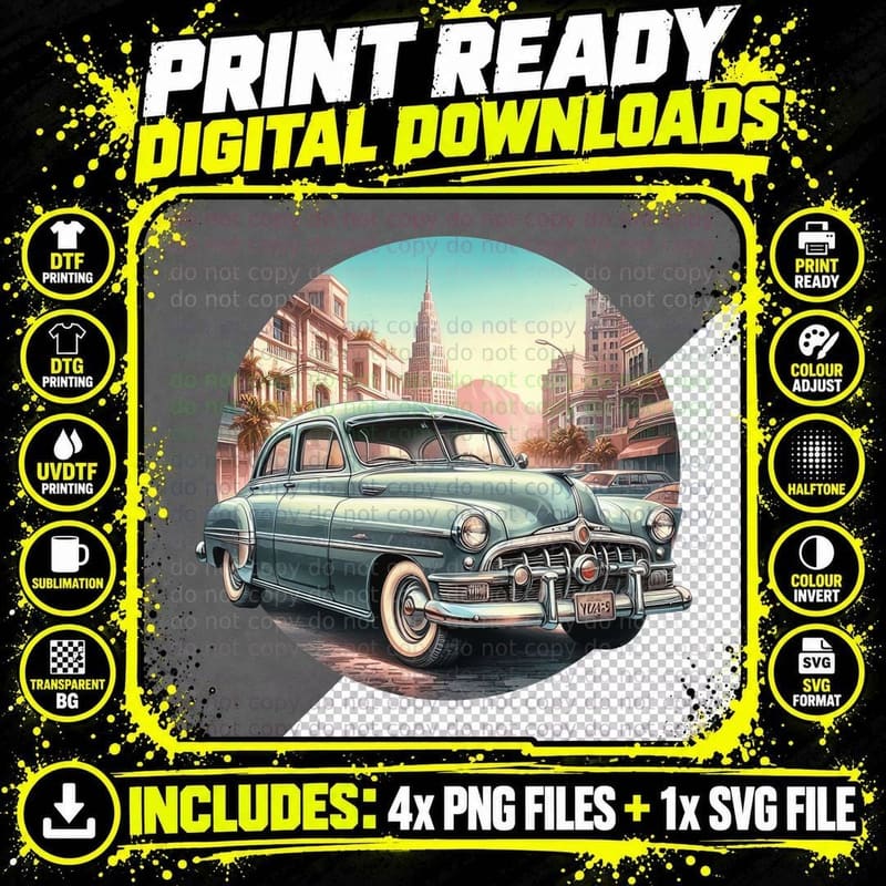 Green Car City Street 1950s in Urban Downtown Png SVG Digital Bundle