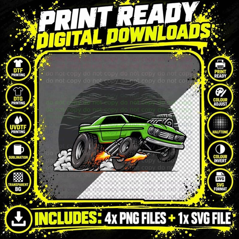 Green Lowrider Car Flames Jump Classic Automotive T-Shirt Png SVG Digital Bundle