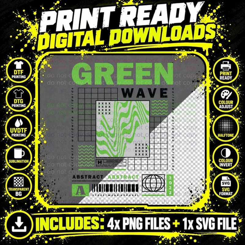 Green Wave Abstract Waves Halftone Digital Distressed Png SVG Digital Bundle
