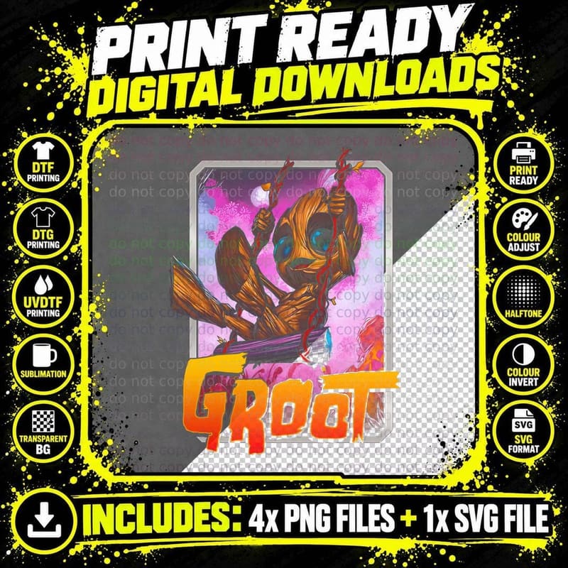 Groot Orange Plant Creature Fire Halftone Distressed Png SVG Digital Bundle