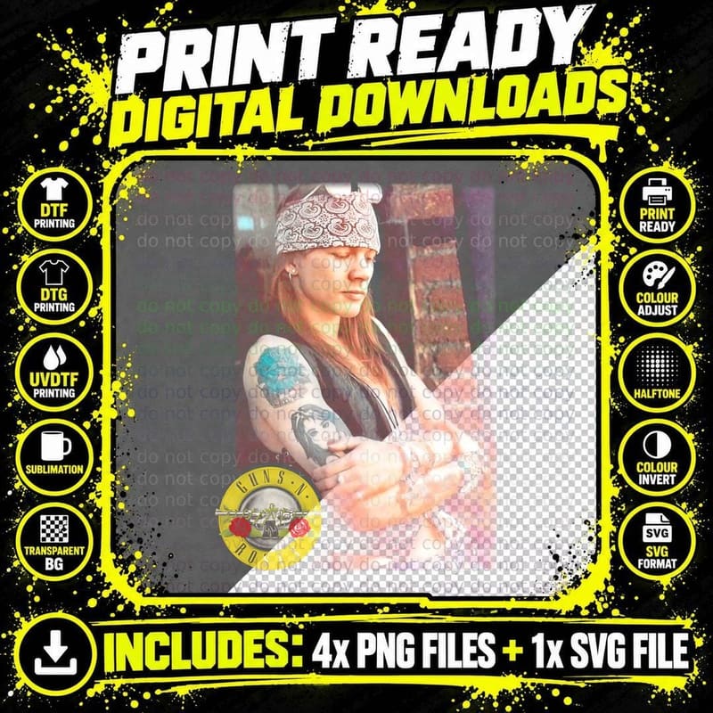 Guns N' Roses Portrait Woman Tattoos Halftone Vintage Png SVG Digital Bundle