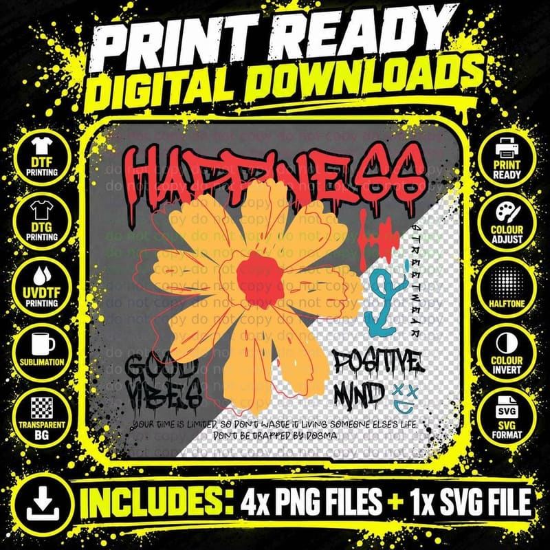 Happiness Good Vibes Positive Mind Daisy Flower Orange Png SVG Digital Bundle