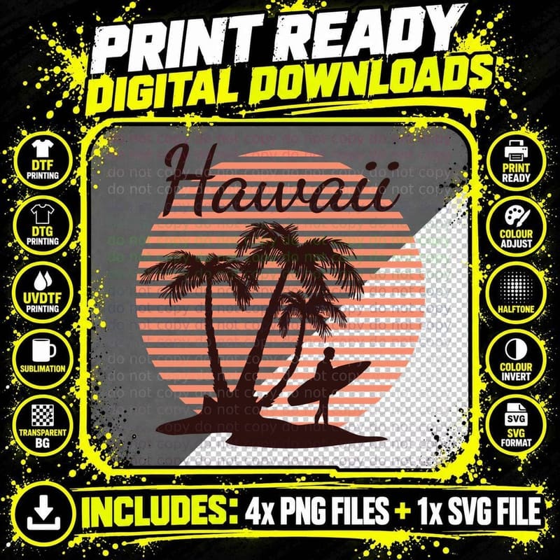 Hawaii Palm Tree Surfer Silhouette Retro T-Shirt Png SVG Digital Bundle