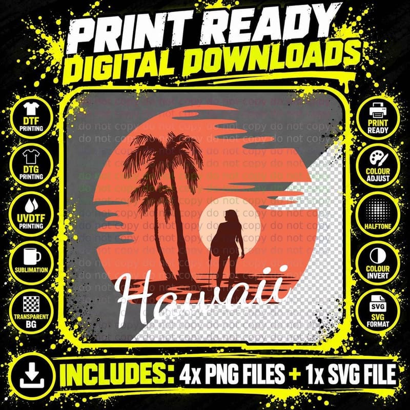 Hawaii Sunset Surfer Silhouette Vintage T-Shirt Png SVG Digital Bundle