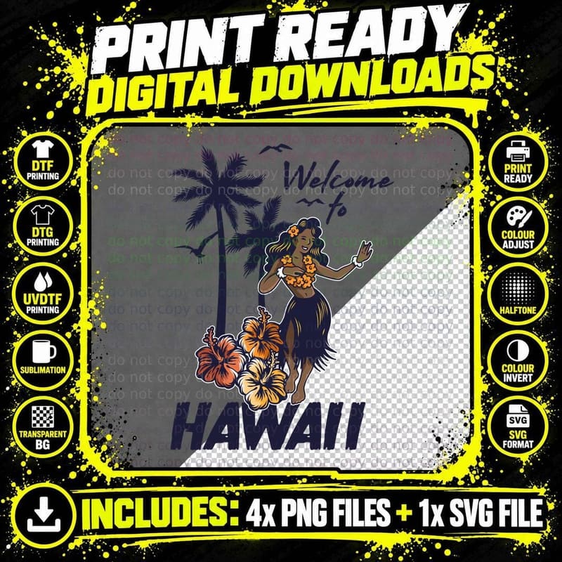 Hawaii Welcome Palm Tree Woman Hibiscus Flowers Tropical Png SVG Digital Bundle