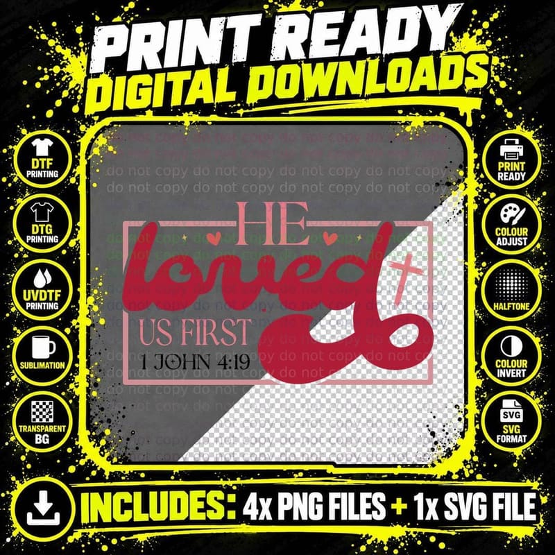 He Loved US First 1 John 4 19 Red Heart with Cross Png SVG Digital Bundle