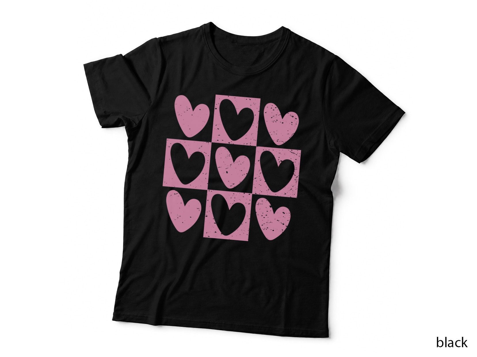 Heart Grid of Pink and Grey Hearts Distressed Pattern T-Shirt