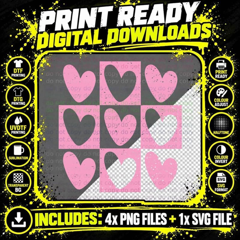 Heart Grid of Pink and Grey Hearts Distressed Pattern Png SVG Digital Bundle