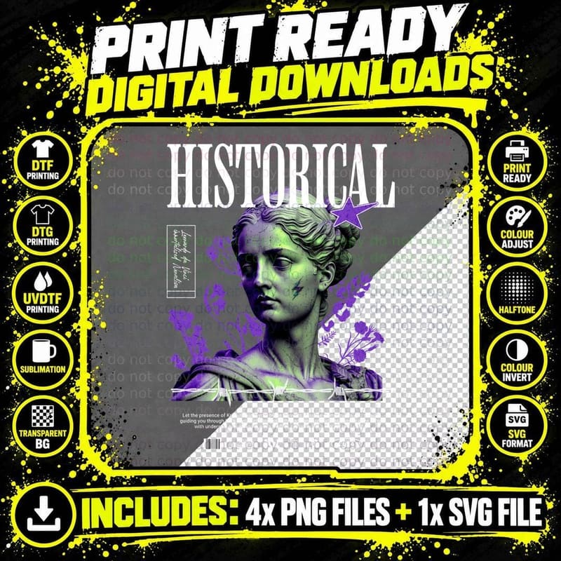 Historical Classical Head Sculpture Purple Green Vintage Png SVG Digital Bundle