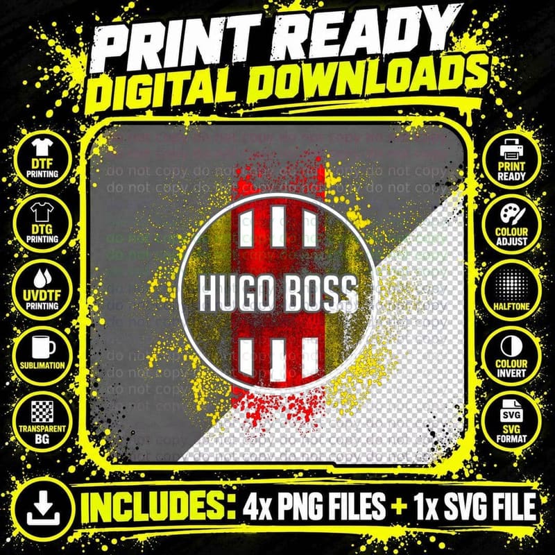 Hugo Boss Circular Splatter Red Yellow Distressed T-Shirt Png SVG Digital Bundle