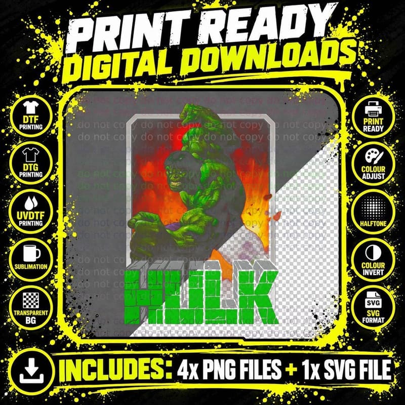 Hulk Green Red Plant Creature Halftone Distressed T-Shirt Png SVG Digital Bundle