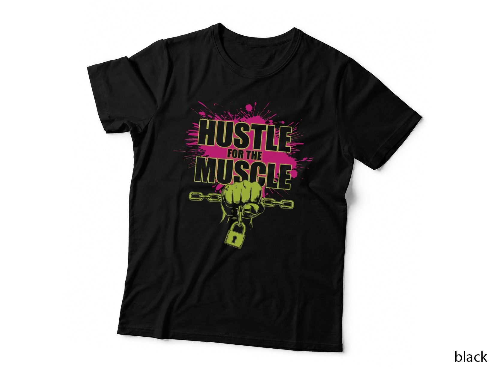 Hustle for the Muscle Pink Green Distressed Motivational T-Shirt