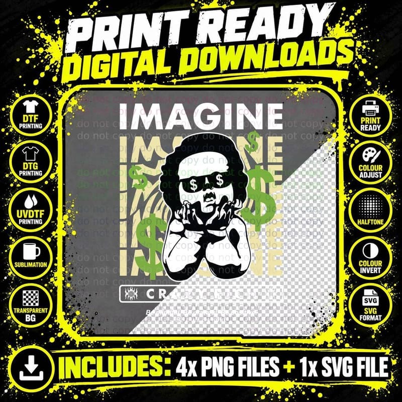 Imagine Crazy Rich Woman Dollar Eyes Gold Green Halftone Png SVG Digital Bundle