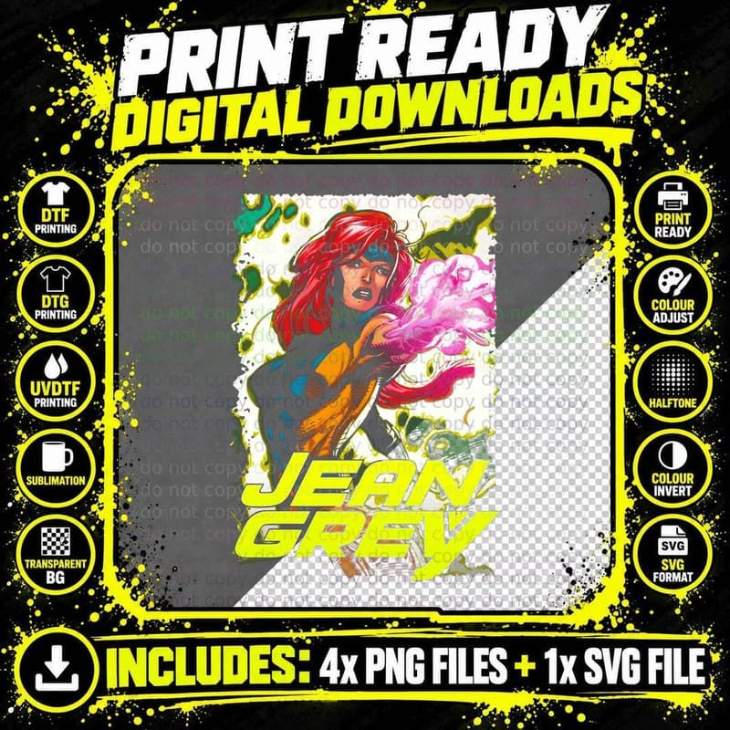 Jean Grey Female Red Hair Yellow Halftone Retro T-Shirt Png SVG Digital Bundle