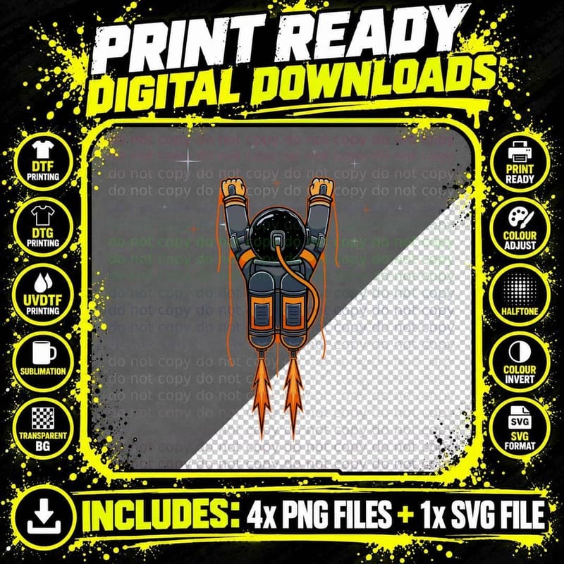 Jetpack Astronaut Orange Black Space Theme Retro T-Shirt Png SVG Digital Bundle